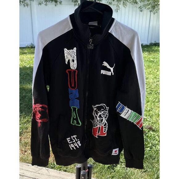 PUMA Men's Scribble Pack T7 Jacket Black Size S All Over Graffiti Embroidered - Picture 1 of 13